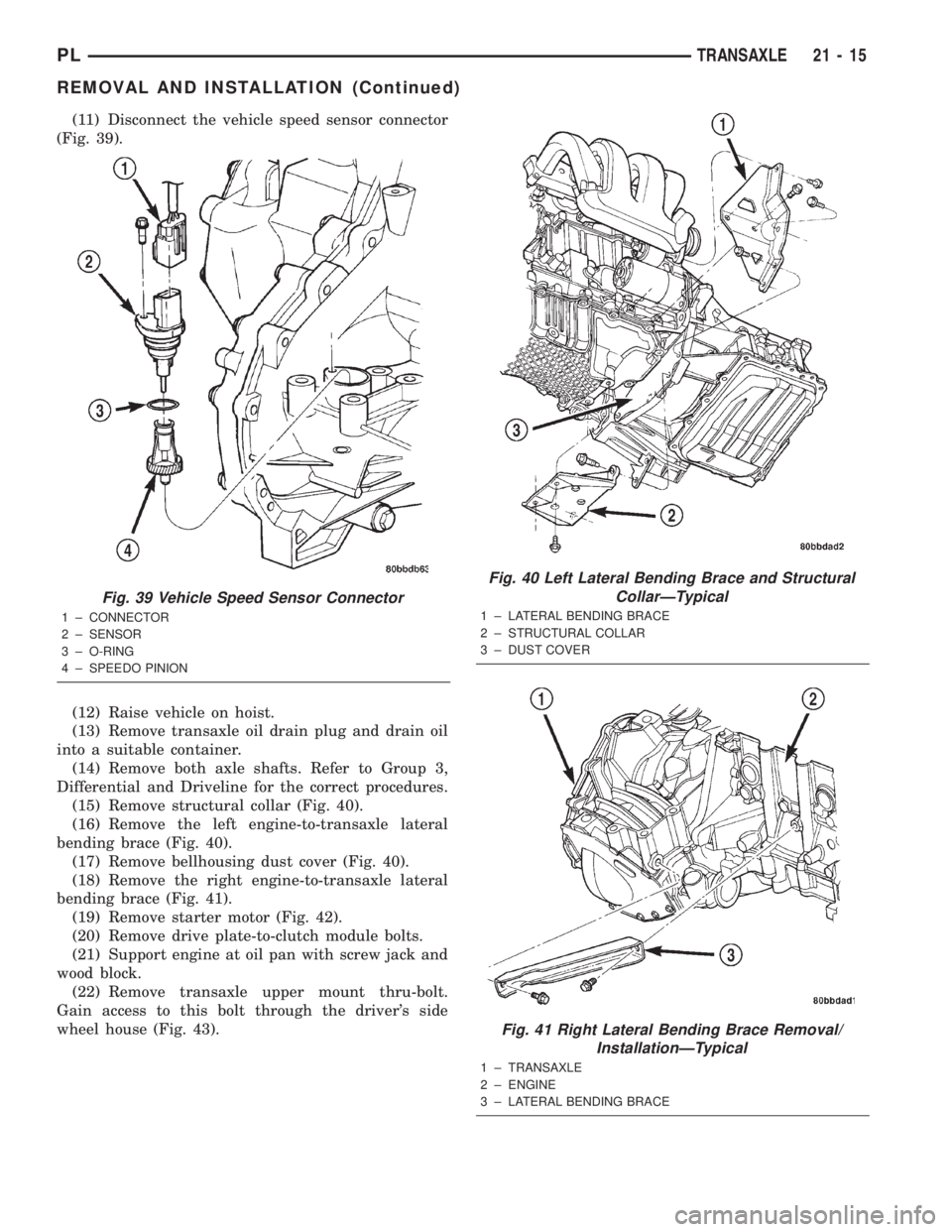 DODGE NEON 2000  Service Repair Manual (11) Disconnect the vehicle speed sensor connector
(Fig. 39).
(12) Raise vehicle on hoist.
(13) Remove transaxle oil drain plug and drain oil
into a suitable container.
(14) Remove both axle shafts. R