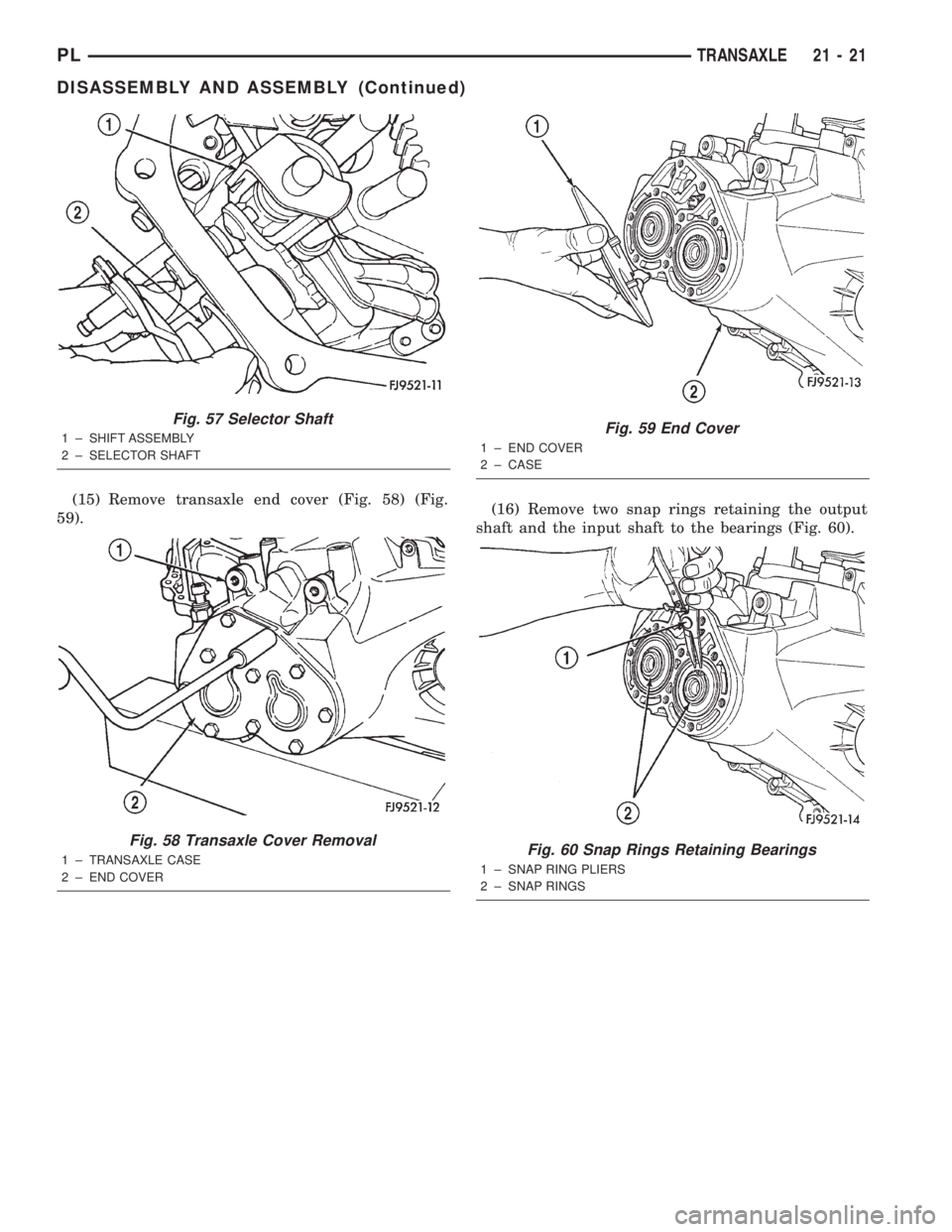 DODGE NEON 2000  Service Repair Manual (15) Remove transaxle end cover (Fig. 58) (Fig.
59).(16) Remove two snap rings retaining the output
shaft and the input shaft to the bearings (Fig. 60).
Fig. 57 Selector Shaft
1 ± SHIFT ASSEMBLY
2 ±