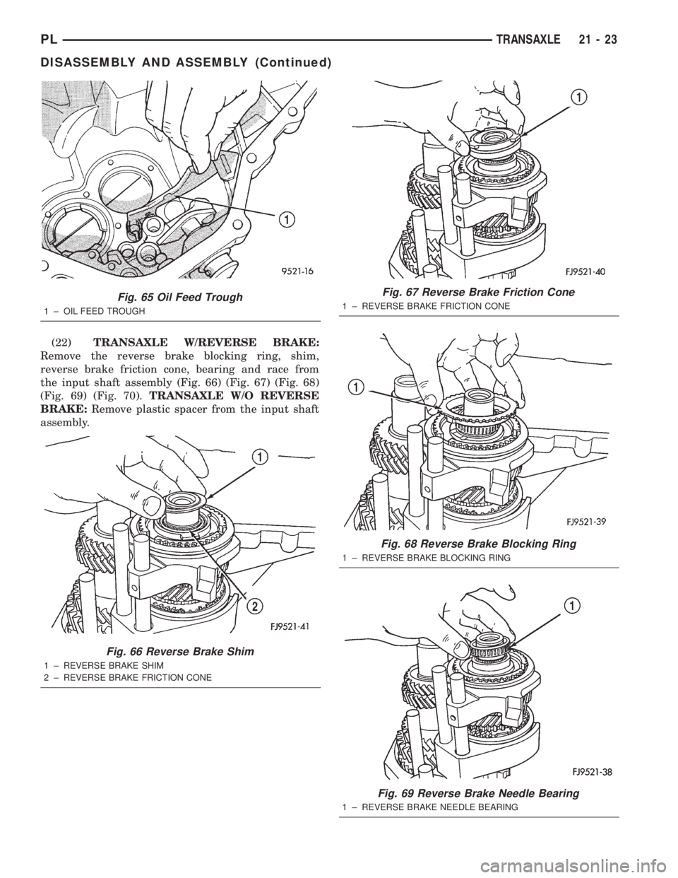 DODGE NEON 2000  Service Repair Manual (22)TRANSAXLE W/REVERSE BRAKE:
Remove the reverse brake blocking ring, shim,
reverse brake friction cone, bearing and race from
the input shaft assembly (Fig. 66) (Fig. 67) (Fig. 68)
(Fig. 69) (Fig. 7