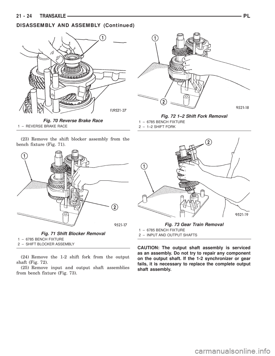DODGE NEON 2000  Service Repair Manual (23) Remove the shift blocker assembly from the
bench fixture (Fig. 71).
(24) Remove the 1-2 shift fork from the output
shaft (Fig. 72).
(25) Remove input and output shaft assemblies
from bench fixtur