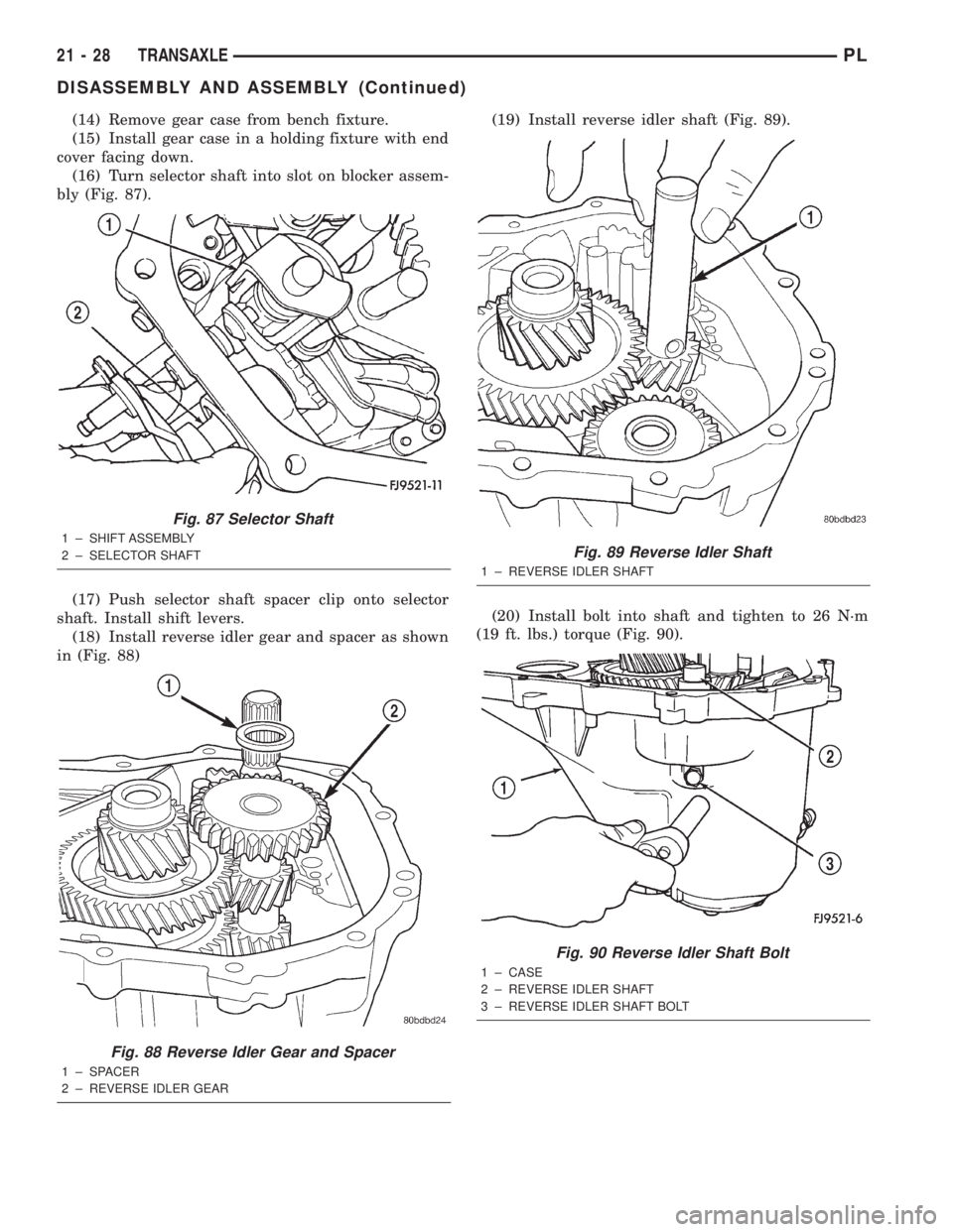 DODGE NEON 2000  Service Repair Manual (14) Remove gear case from bench fixture.
(15) Install gear case in a holding fixture with end
cover facing down.
(16) Turn selector shaft into slot on blocker assem-
bly (Fig. 87).
(17) Push selector