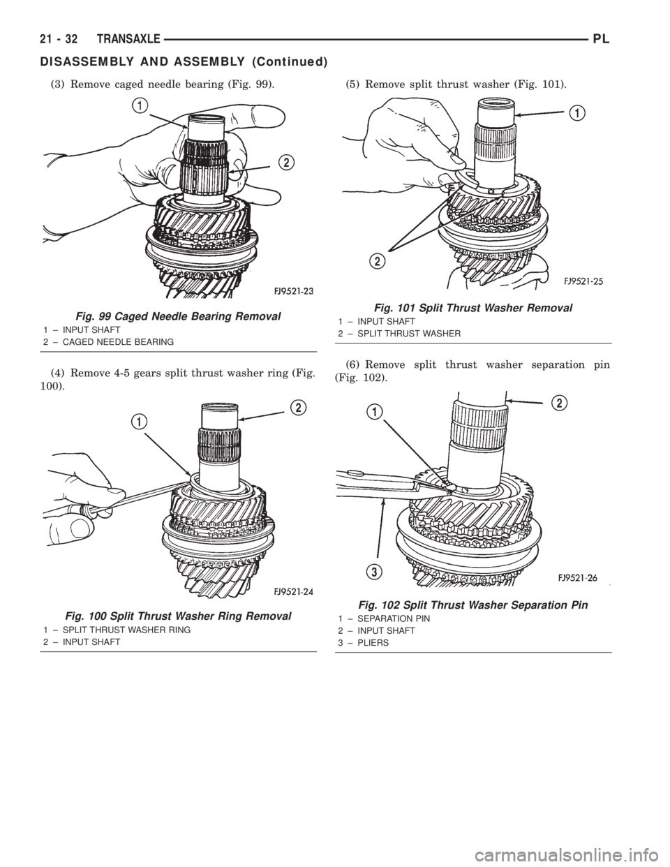 DODGE NEON 2000  Service Repair Manual (3) Remove caged needle bearing (Fig. 99).
(4) Remove 4-5 gears split thrust washer ring (Fig.
100).(5) Remove split thrust washer (Fig. 101).
(6) Remove split thrust washer separation pin
(Fig. 102).