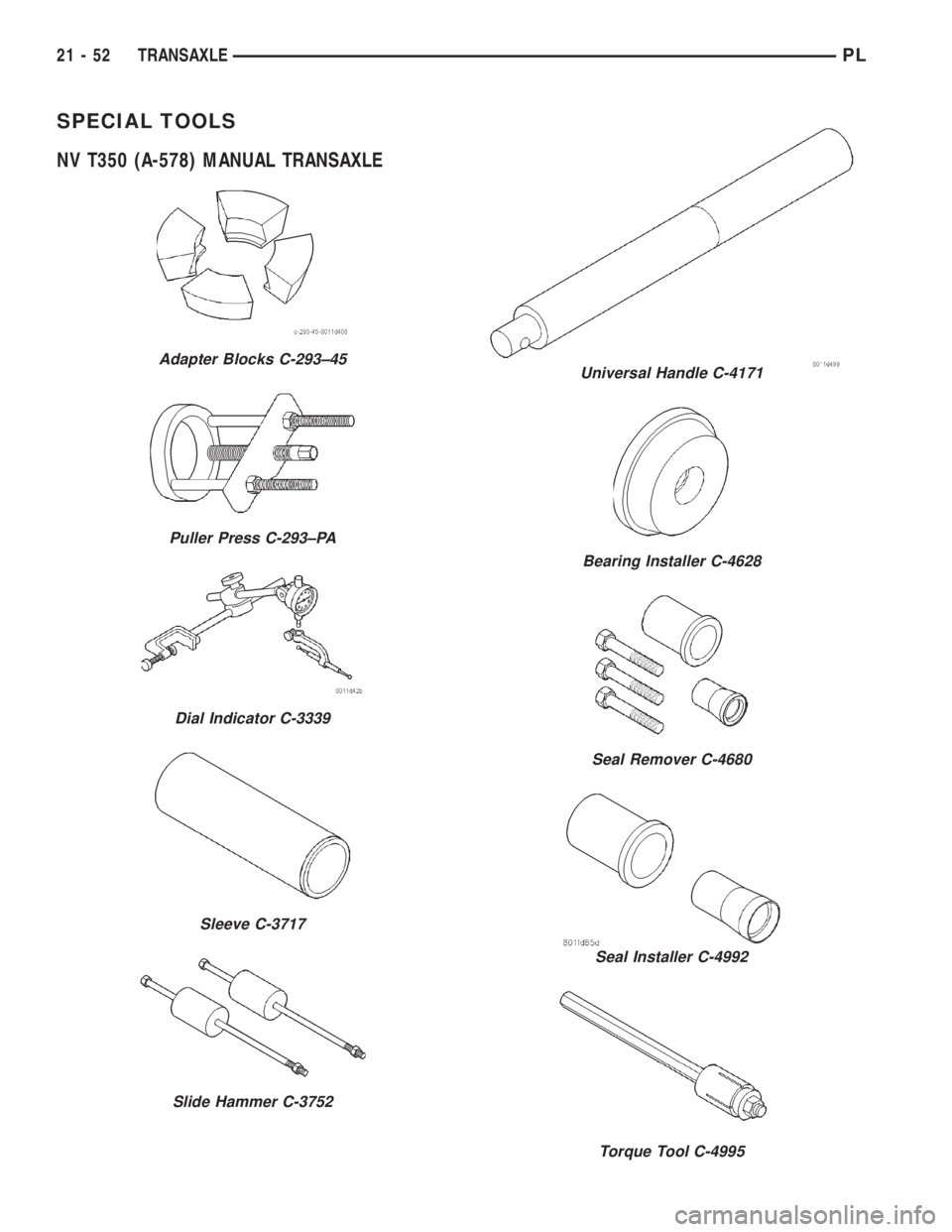 DODGE NEON 2000  Service Repair Manual SPECIAL TOOLS
NV T350 (A-578) MANUAL TRANSAXLE
Adapter Blocks C-293±45
Puller Press C-293±PA
Dial Indicator C-3339
Sleeve C-3717
Slide Hammer C-3752
Universal Handle C-4171
Bearing Installer C-4628

