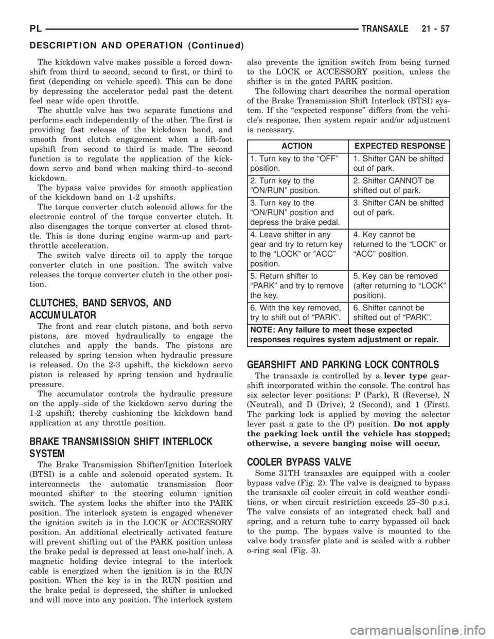 DODGE NEON 2000  Service Repair Manual The kickdown valve makes possible a forced down-
shift from third to second, second to first, or third to
first (depending on vehicle speed). This can be done
by depressing the accelerator pedal past 