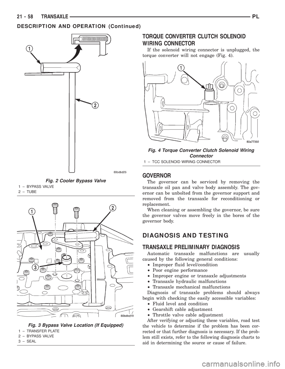 DODGE NEON 2000 Service Repair Manual TORQUE CONVERTER CLUTCH SOLENOID
WIRING CONNECTOR
If the solenoid wiring connector is unplugged, the
torque converter will not engage (Fig. 4).
GOVERNOR
The governor can be serviced by removing the
tr DODGE NEON 2000 Service Repair Manual TORQUE CONVERTER CLUTCH SOLENOID
WIRING CONNECTOR
If the solenoid wiring connector is unplugged, the
torque converter will not engage (Fig. 4).
GOVERNOR
The governor can be serviced by removing the
tr