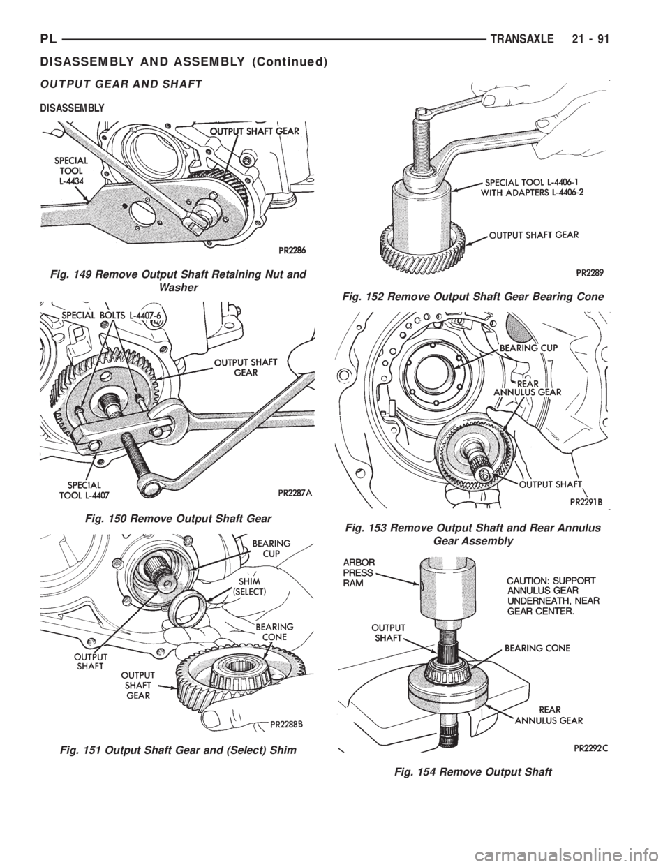 DODGE NEON 1999  Service Repair Manual OUTPUT GEAR AND SHAFT
DISASSEMBLY
Fig. 149 Remove Output Shaft Retaining Nut and
Washer
Fig. 150 Remove Output Shaft Gear
Fig. 151 Output Shaft Gear and (Select) Shim
Fig. 152 Remove Output Shaft Gear
