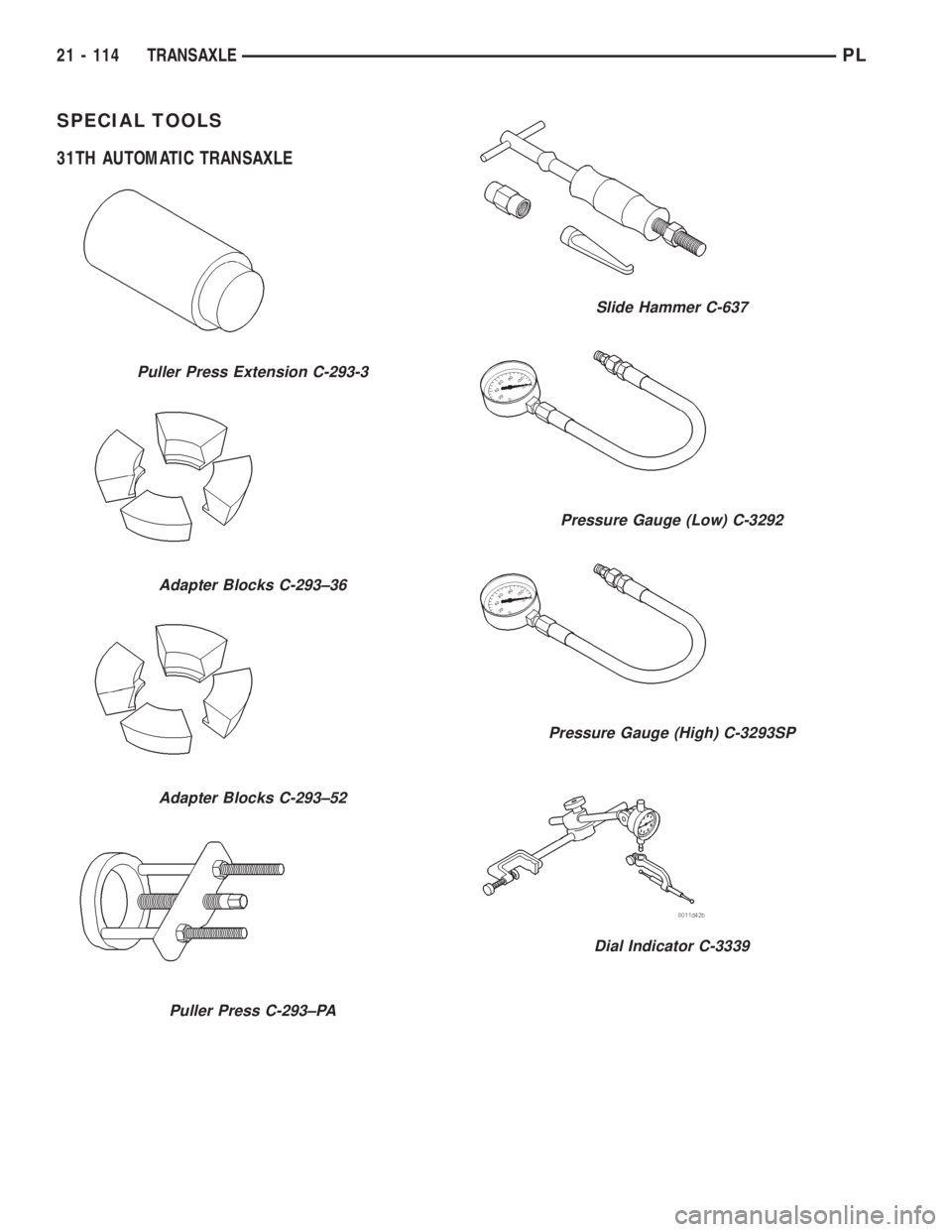 DODGE NEON 1999  Service Repair Manual SPECIAL TOOLS
31TH AUTOMATIC TRANSAXLE
Puller Press Extension C-293-3
Adapter Blocks C-293±36
Adapter Blocks C-293±52
Puller Press C-293±PA
Slide Hammer C-637
Pressure Gauge (Low) C-3292
Pressure G