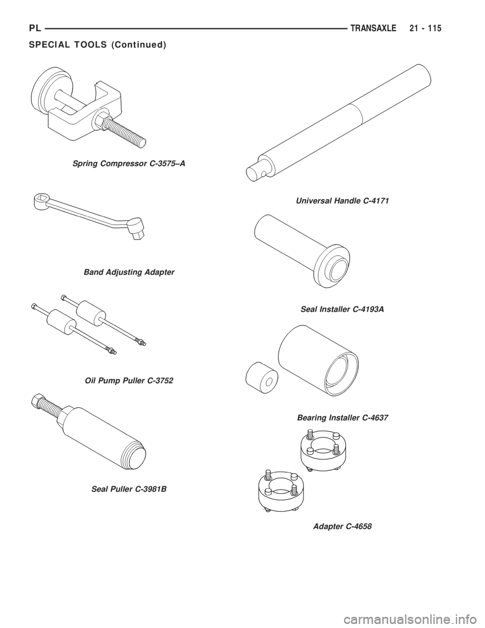 DODGE NEON 1999  Service Repair Manual Spring Compressor C-3575±A
Band Adjusting Adapter
Oil Pump Puller C-3752
Seal Puller C-3981B
Universal Handle C-4171
Seal Installer C-4193A
Bearing Installer C-4637
Adapter C-4658
PLTRANSAXLE 21 - 11