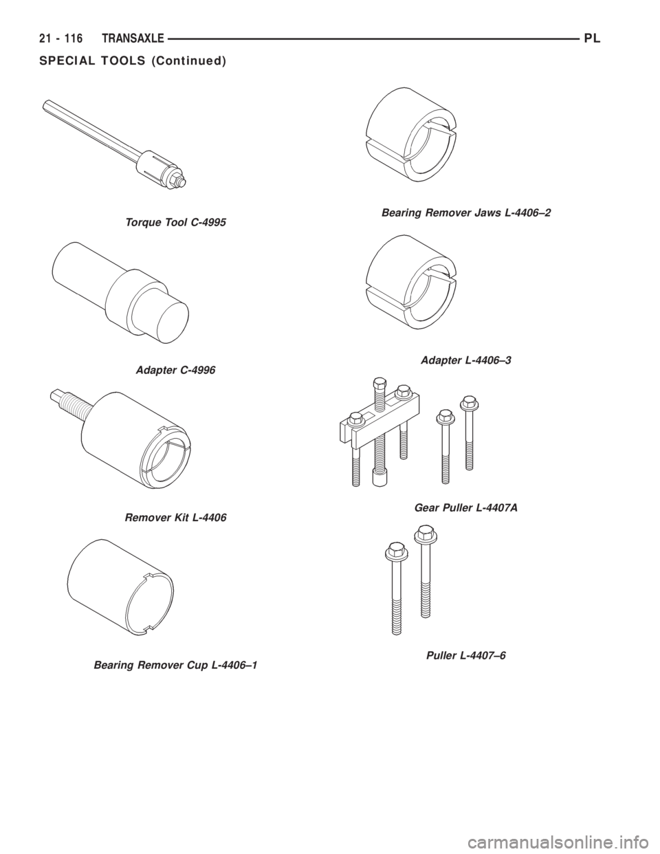 DODGE NEON 1999  Service Repair Manual Torque Tool C-4995
Adapter C-4996
Remover Kit L-4406
Bearing Remover Cup L-4406±1
Bearing Remover Jaws L-4406±2
Adapter L-4406±3
Gear Puller L-4407A
Puller L-4407±6
21 - 116 TRANSAXLEPL
SPECIAL TO