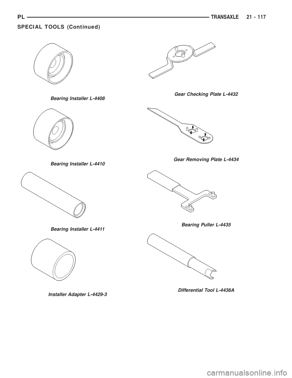DODGE NEON 1999  Service Repair Manual Bearing Installer L-4408
Bearing Installer L-4410
Bearing Installer L-4411
Installer Adapter L-4429-3
Gear Checking Plate L-4432
Gear Removing Plate L-4434
Bearing Puller L-4435
Differential Tool L-44
