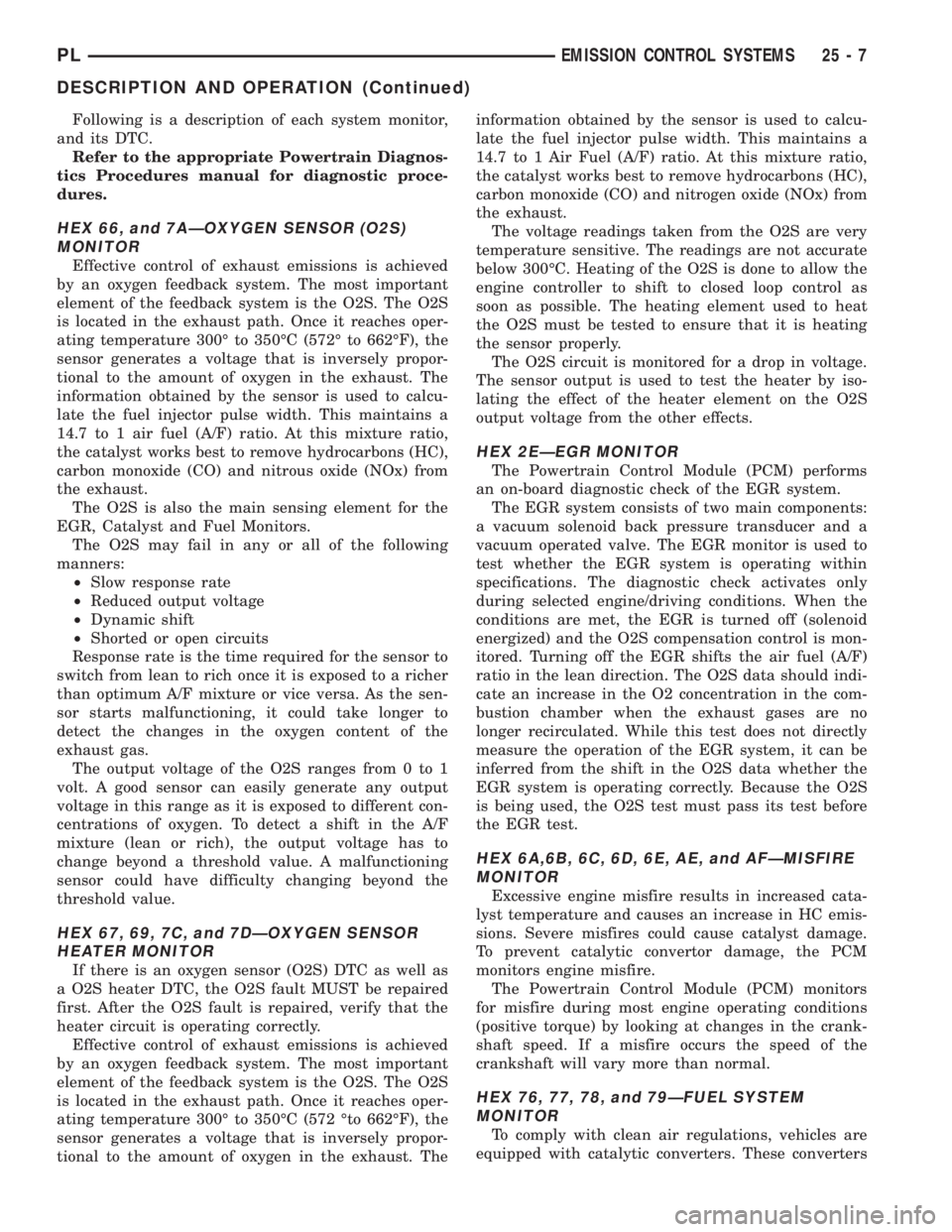 DODGE NEON 1999  Service Repair Manual Following is a description of each system monitor,
and its DTC.
Refer to the appropriate Powertrain Diagnos-
tics Procedures manual for diagnostic proce-
dures.
HEX 66, and 7AÐOXYGEN SENSOR (O2S)
MON
