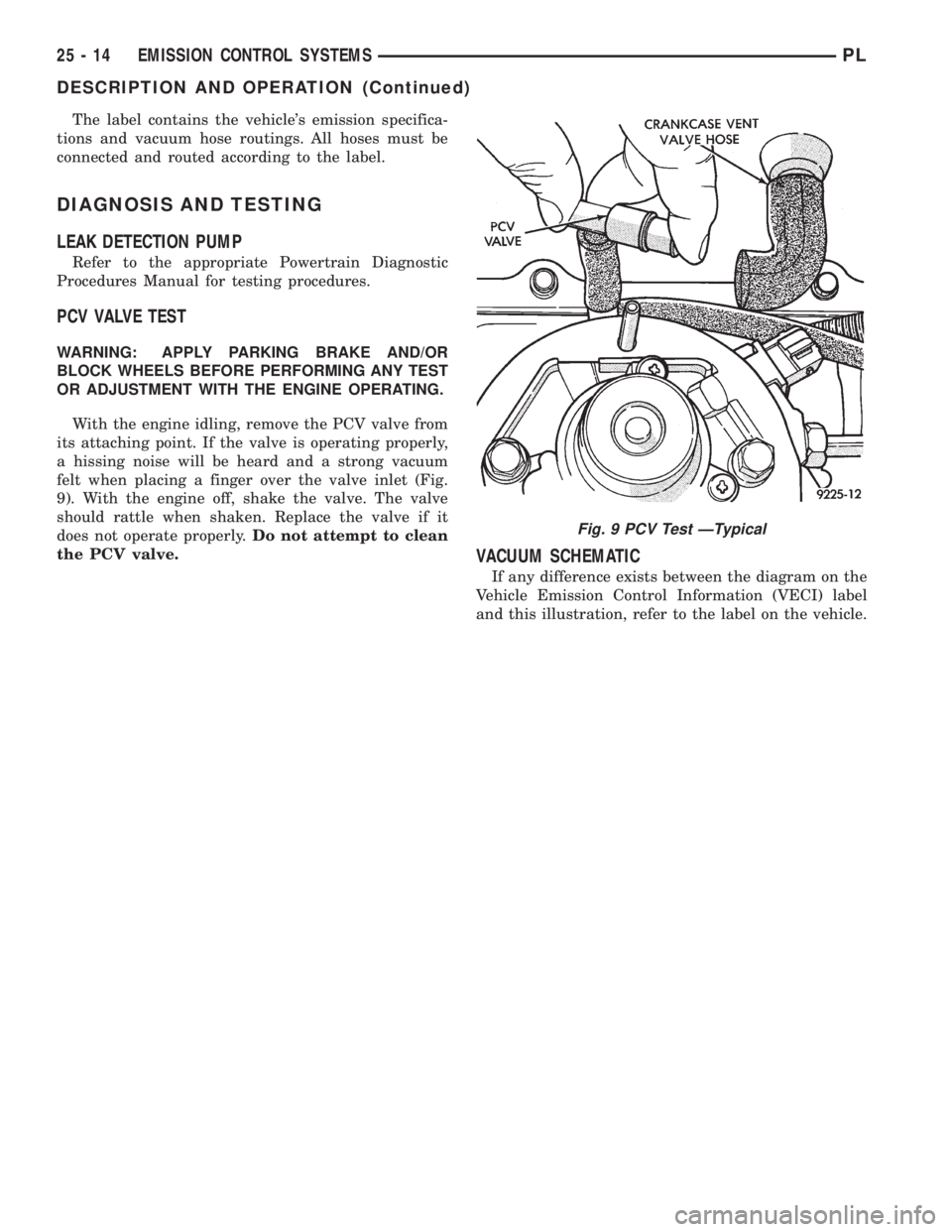DODGE NEON 1999  Service Repair Manual The label contains the vehicles emission specifica-
tions and vacuum hose routings. All hoses must be
connected and routed according to the label.
DIAGNOSIS AND TESTING
LEAK DETECTION PUMP
Refer to t