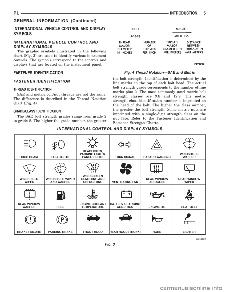 DODGE NEON 1999  Service Repair Manual INTERNATIONAL VEHICLE CONTROL AND DISPLAY
SYMBOLS
INTERNATIONAL VEHICLE CONTROL AND
DISPLAY SYMBOLS
The graphic symbols illustrated in the following
chart (Fig. 3) are used to identify various instrum