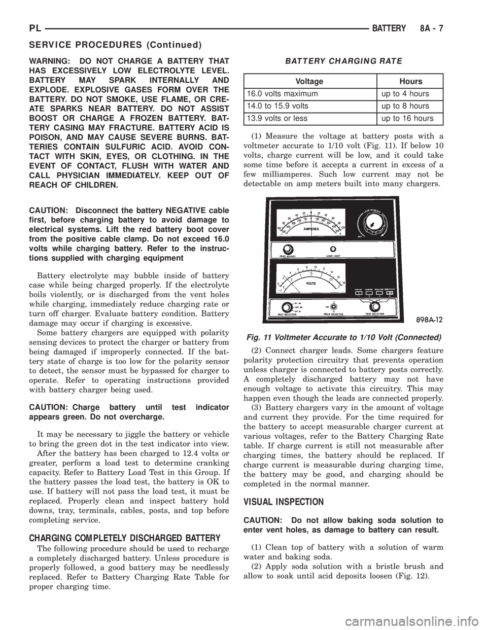 DODGE NEON 1999  Service Repair Manual WARNING: DO NOT CHARGE A BATTERY THAT
HAS EXCESSIVELY LOW ELECTROLYTE LEVEL.
BATTERY MAY SPARK INTERNALLY AND
EXPLODE. EXPLOSIVE GASES FORM OVER THE
BATTERY. DO NOT SMOKE, USE FLAME, OR CRE-
ATE SPARK