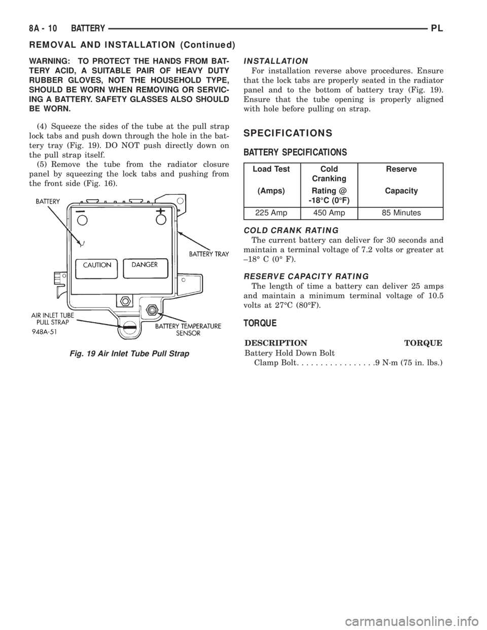 DODGE NEON 1999  Service Repair Manual WARNING: TO PROTECT THE HANDS FROM BAT-
TERY ACID, A SUITABLE PAIR OF HEAVY DUTY
RUBBER GLOVES, NOT THE HOUSEHOLD TYPE,
SHOULD BE WORN WHEN REMOVING OR SERVIC-
ING A BATTERY. SAFETY GLASSES ALSO SHOUL
