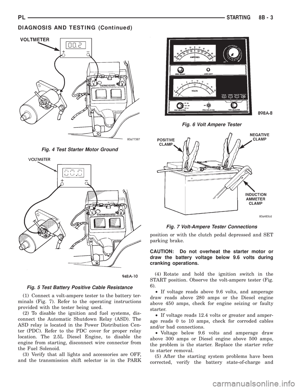 DODGE NEON 1999  Service Repair Manual (1) Connect a volt-ampere tester to the battery ter-
minals (Fig. 7). Refer to the operating instructions
provided with the tester being used.
(2) To disable the ignition and fuel systems, dis-
connec