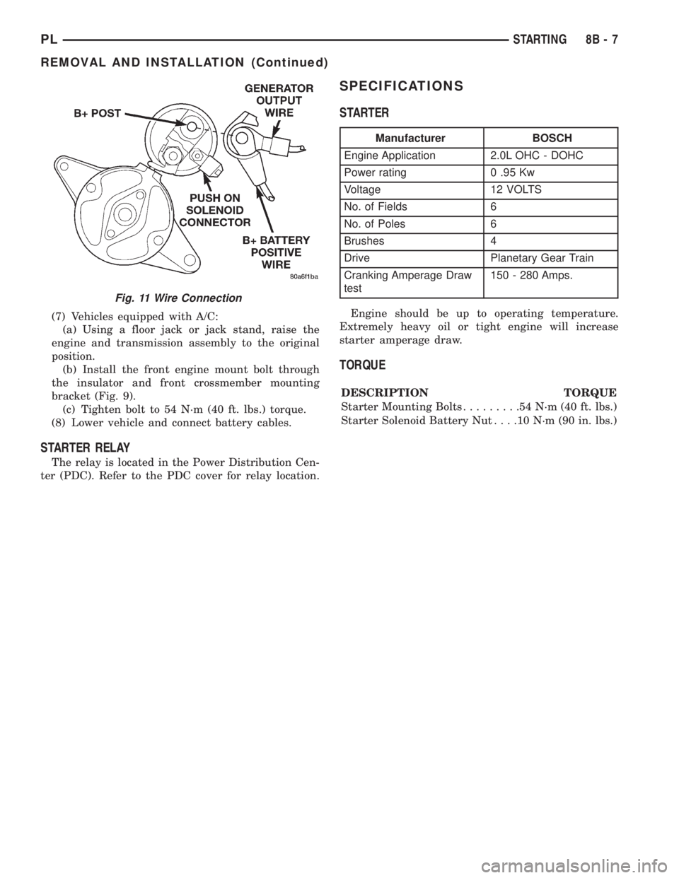 DODGE NEON 1999  Service Repair Manual (7) Vehicles equipped with A/C:
(a) Using a floor jack or jack stand, raise the
engine and transmission assembly to the original
position.
(b) Install the front engine mount bolt through
the insulator
