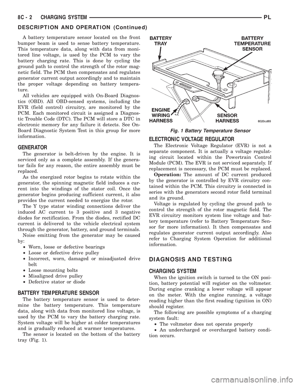 DODGE NEON 1999  Service Repair Manual A battery temperature sensor located on the front
bumper beam is used to sense battery temperature.
This temperature data, along with data from moni-
tored line voltage, is used by the PCM to vary the