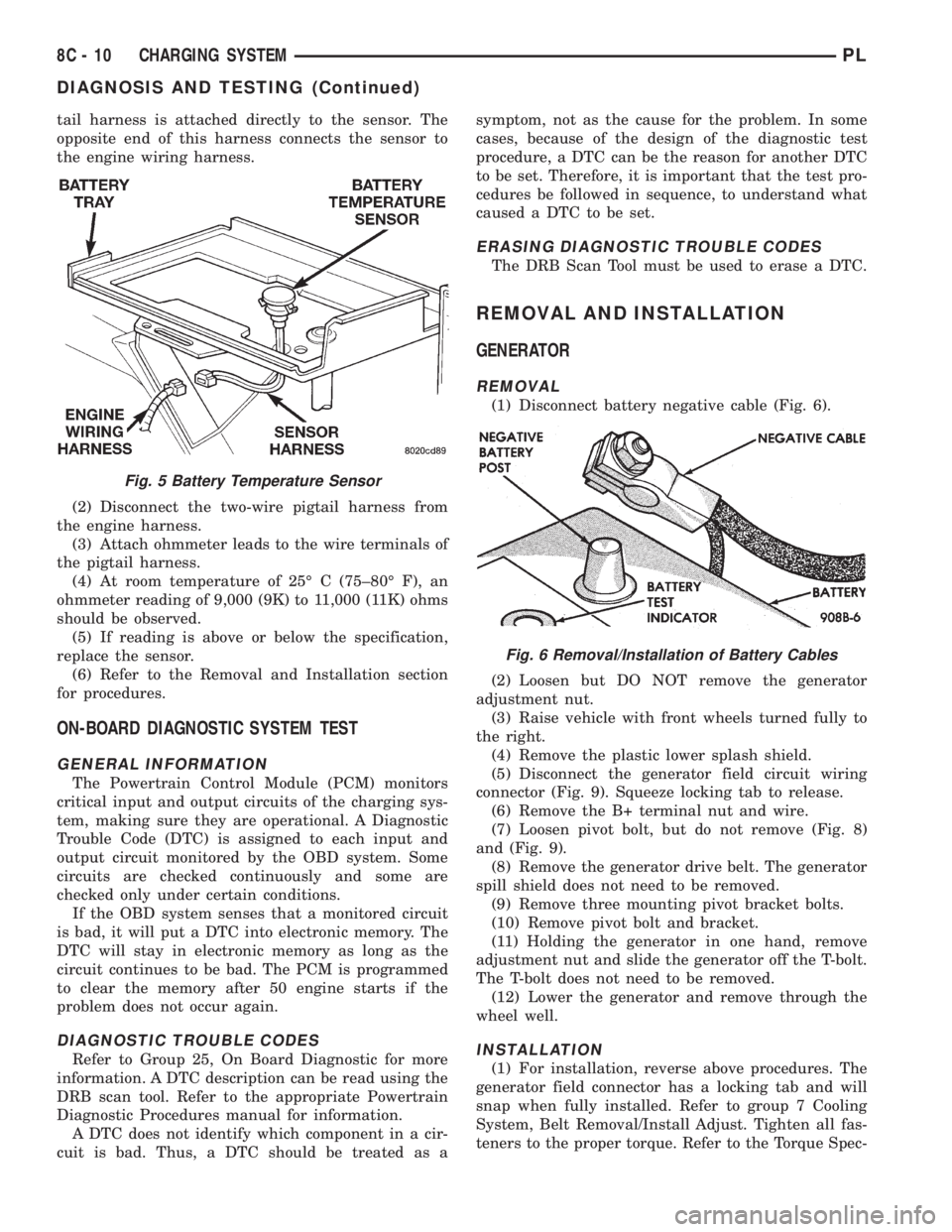 DODGE NEON 1999  Service Repair Manual tail harness is attached directly to the sensor. The
opposite end of this harness connects the sensor to
the engine wiring harness.
(2) Disconnect the two-wire pigtail harness from
the engine harness.