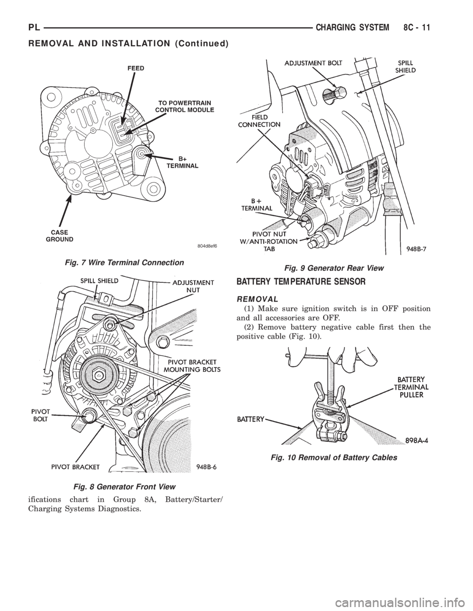 DODGE NEON 1999  Service Repair Manual ifications chart in Group 8A, Battery/Starter/
Charging Systems Diagnostics.
BATTERY TEMPERATURE SENSOR
REMOVAL
(1) Make sure ignition switch is in OFF position
and all accessories are OFF.
(2) Remove