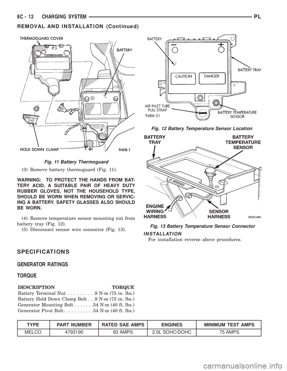 DODGE NEON 1999  Service Repair Manual (3) Remove battery thermoguard (Fig. 11).
WARNING: TO PROTECT THE HANDS FROM BAT-
TERY ACID, A SUITABLE PAIR OF HEAVY DUTY
RUBBER GLOVES, NOT THE HOUSEHOLD TYPE,
SHOULD BE WORN WHEN REMOVING OR SERVIC