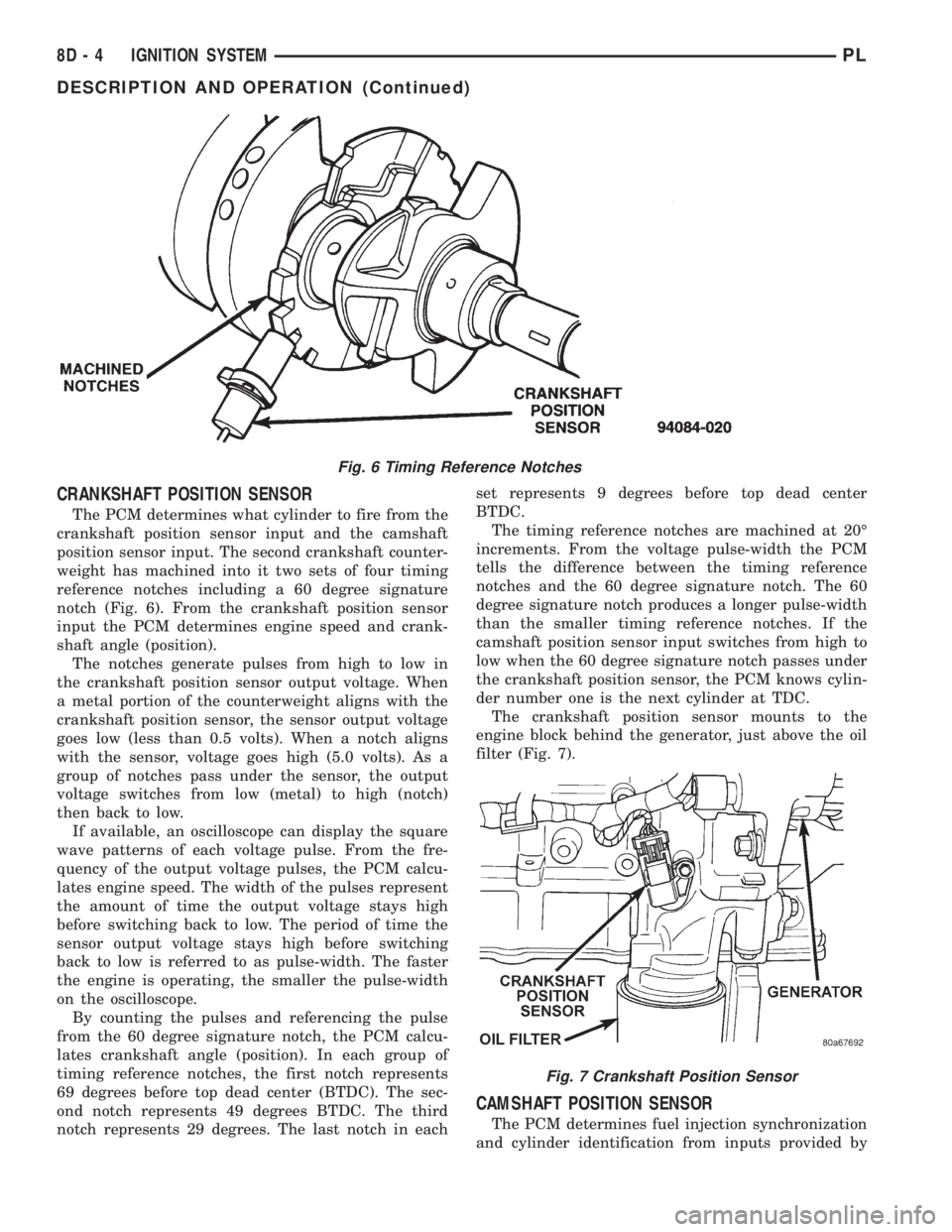 DODGE NEON 1999  Service Repair Manual CRANKSHAFT POSITION SENSOR
The PCM determines what cylinder to fire from the
crankshaft position sensor input and the camshaft
position sensor input. The second crankshaft counter-
weight has machined