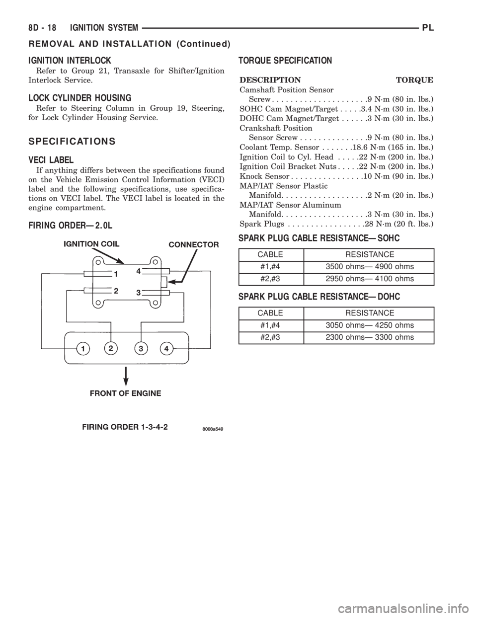 DODGE NEON 1999  Service Repair Manual IGNITION INTERLOCK
Refer to Group 21, Transaxle for Shifter/Ignition
Interlock Service.
LOCK CYLINDER HOUSING
Refer to Steering Column in Group 19, Steering,
for Lock Cylinder Housing Service.
SPECIFI