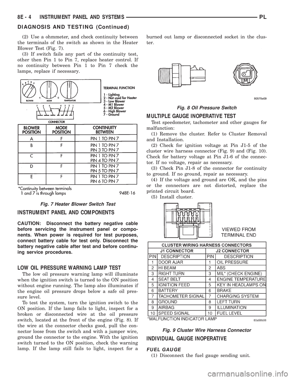DODGE NEON 1999  Service Repair Manual (2) Use a ohmmeter, and check continuity between
the terminals of the switch as shown in the Heater
Blower Test (Fig. 7).
(3) If switch fails any part of the continuity test,
other then Pin 1 to Pin 7