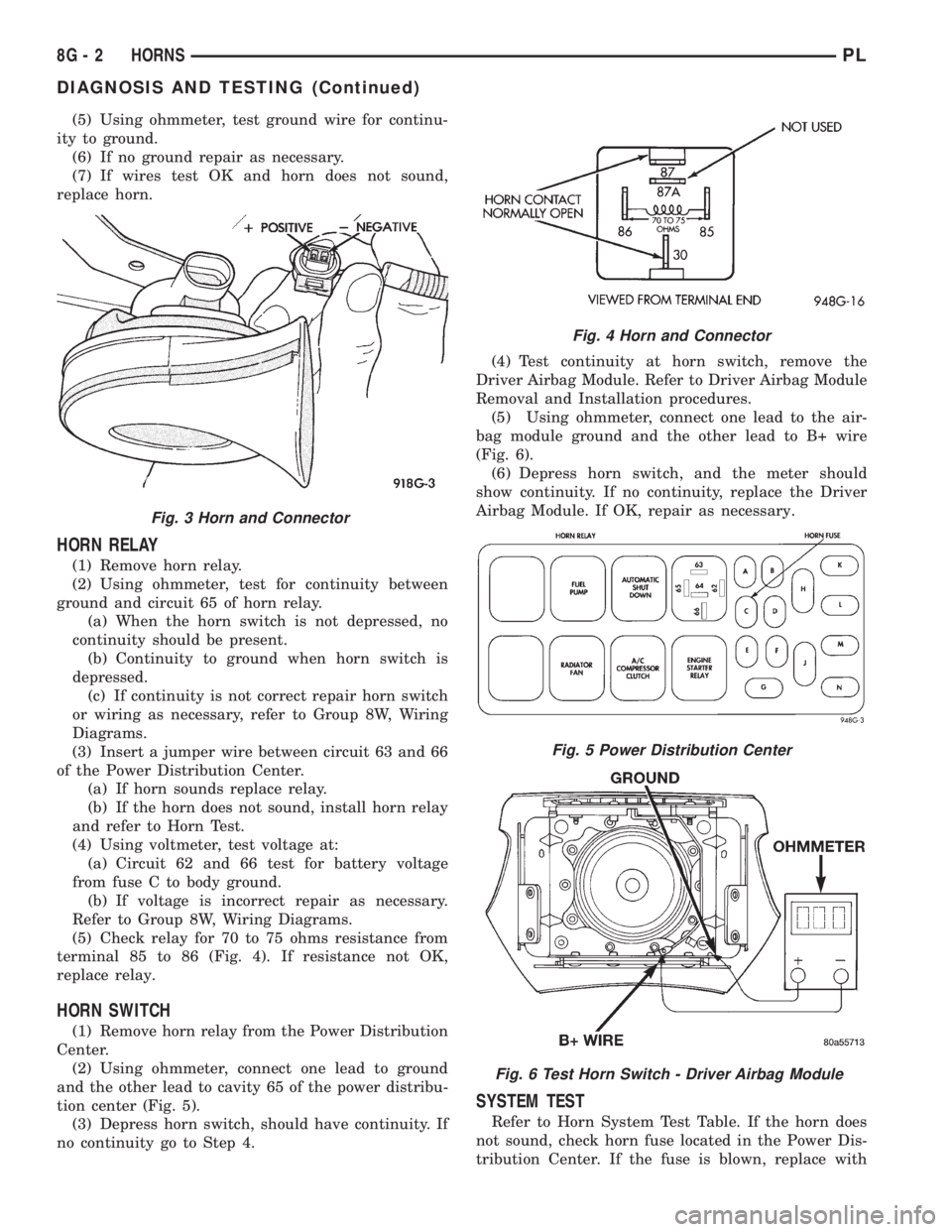 DODGE NEON 1999  Service Repair Manual (5) Using ohmmeter, test ground wire for continu-
ity to ground.
(6) If no ground repair as necessary.
(7) If wires test OK and horn does not sound,
replace horn.
HORN RELAY
(1) Remove horn relay.
(2)