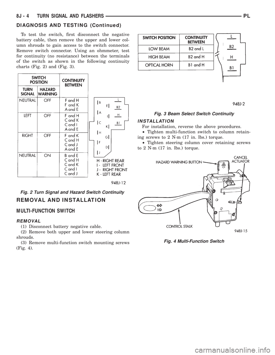 DODGE NEON 1999  Service Repair Manual To test the switch, first disconnect the negative
battery cable, then remove the upper and lower col-
umn shrouds to gain access to the switch connector.
Remove switch connector. Using an ohmmeter, te