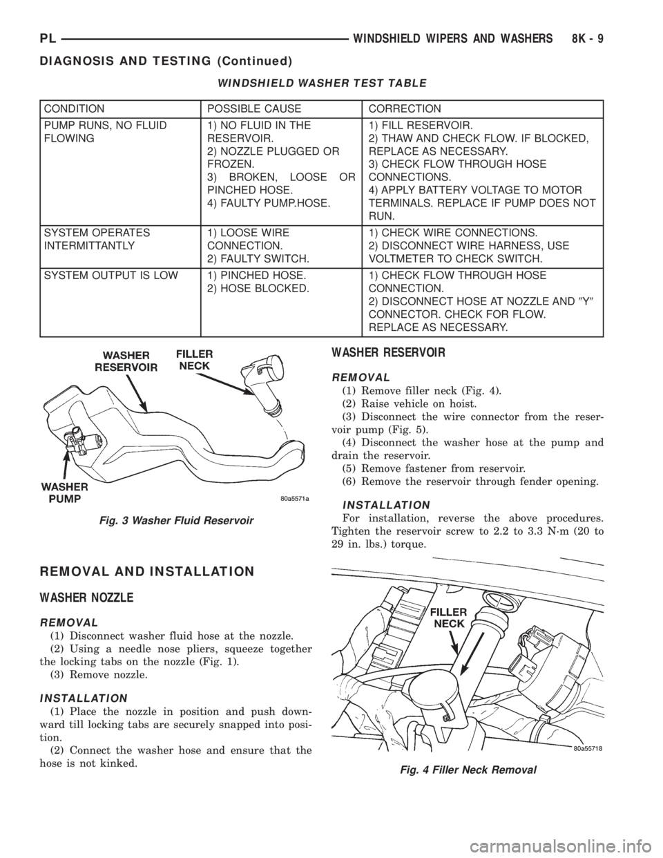 DODGE NEON 1999 Service Repair Manual REMOVAL AND INSTALLATION
WASHER NOZZLE
REMOVAL
(1) Disconnect washer fluid hose at the nozzle.
(2) Using a needle nose pliers, squeeze together
the locking tabs on the nozzle (Fig. 1).
(3) Remove nozz DODGE NEON 1999 Service Repair Manual REMOVAL AND INSTALLATION
WASHER NOZZLE
REMOVAL
(1) Disconnect washer fluid hose at the nozzle.
(2) Using a needle nose pliers, squeeze together
the locking tabs on the nozzle (Fig. 1).
(3) Remove nozz