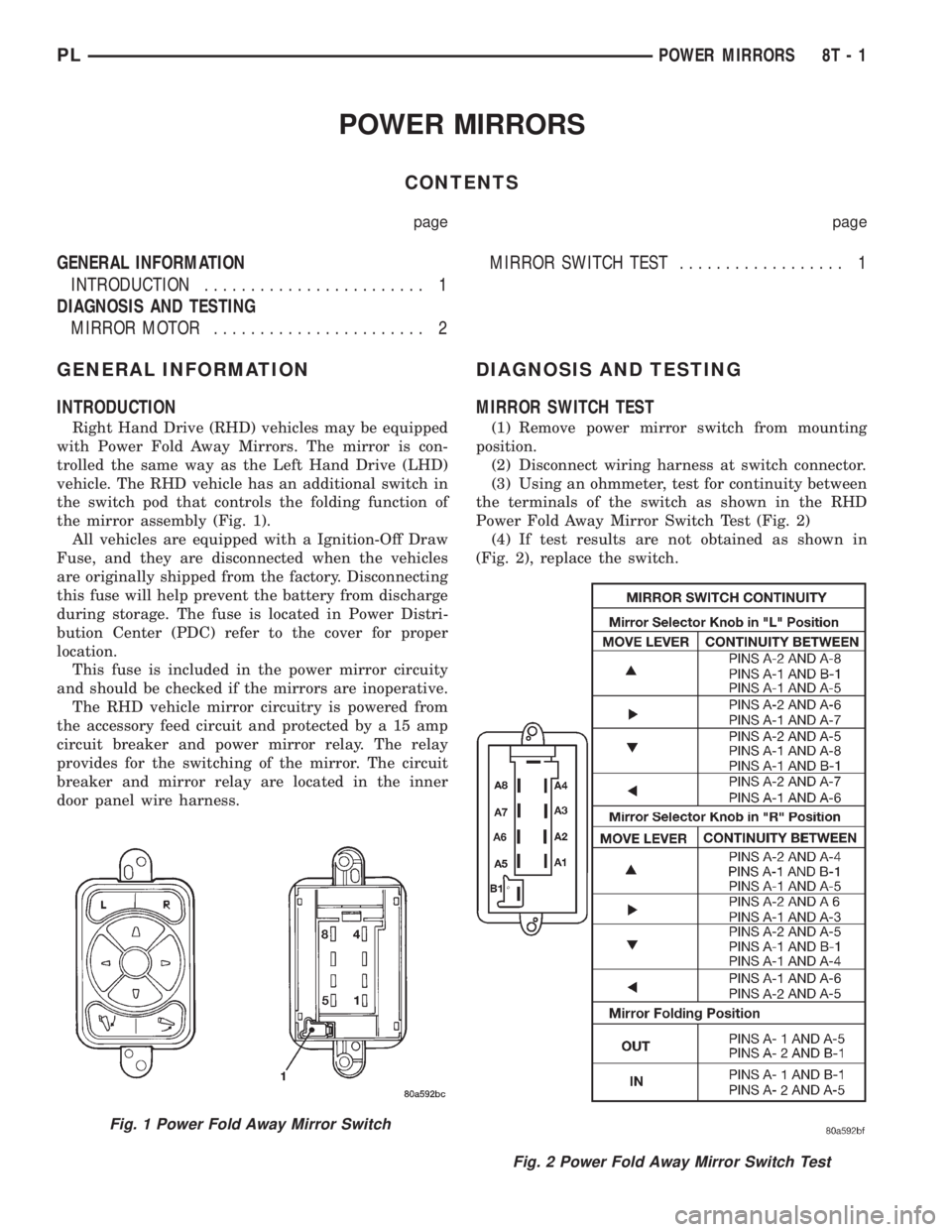 DODGE NEON 1999 Service Repair Manual POWER MIRRORS
CONTENTS
page page
GENERAL INFORMATION
INTRODUCTION........................ 1
DIAGNOSIS AND TESTING
MIRROR MOTOR....................... 2MIRROR SWITCH TEST.................. 1
GENERAL IN DODGE NEON 1999 Service Repair Manual POWER MIRRORS
CONTENTS
page page
GENERAL INFORMATION
INTRODUCTION........................ 1
DIAGNOSIS AND TESTING
MIRROR MOTOR....................... 2MIRROR SWITCH TEST.................. 1
GENERAL IN