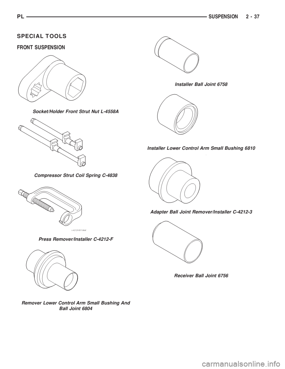 DODGE NEON 1999  Service Repair Manual SPECIAL TOOLS
FRONT SUSPENSION
Socket/Holder Front Strut Nut L-4558A
Compressor Strut Coil Spring C-4838
Press Remover/Installer C-4212-F
Remover Lower Control Arm Small Bushing And
Ball Joint 6804
In
