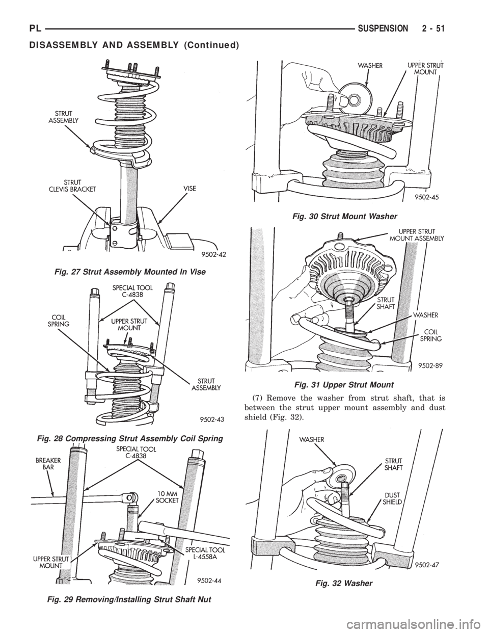 DODGE NEON 1999  Service Repair Manual (7) Remove the washer from strut shaft, that is
between the strut upper mount assembly and dust
shield (Fig. 32).
Fig. 27 Strut Assembly Mounted In Vise
Fig. 28 Compressing Strut Assembly Coil Spring
