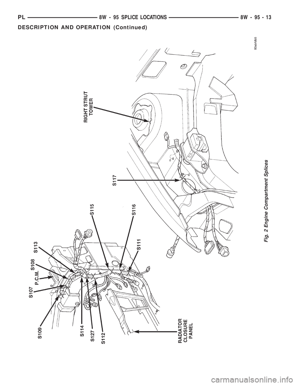 DODGE NEON 1999  Service Repair Manual Fig. 2 Engine Compartment Splices
PL8W - 95 SPLICE LOCATIONS 8W - 95 - 13
DESCRIPTION AND OPERATION (Continued) 