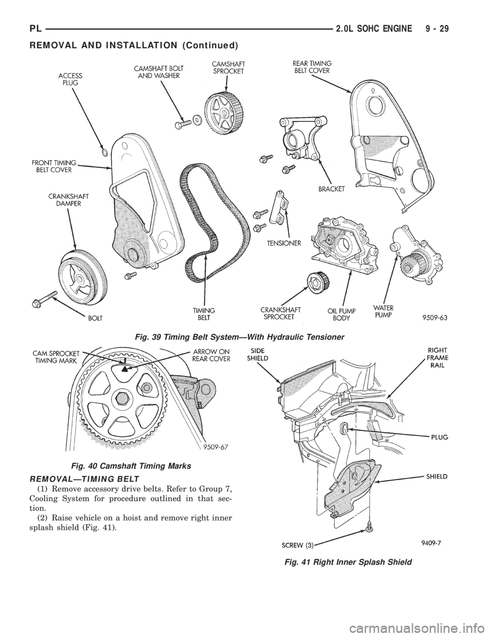 DODGE NEON 1999  Service Repair Manual REMOVALÐTIMING BELT
(1) Remove accessory drive belts. Refer to Group 7,
Cooling System for procedure outlined in that sec-
tion.
(2) Raise vehicle on a hoist and remove right inner
splash shield (Fig