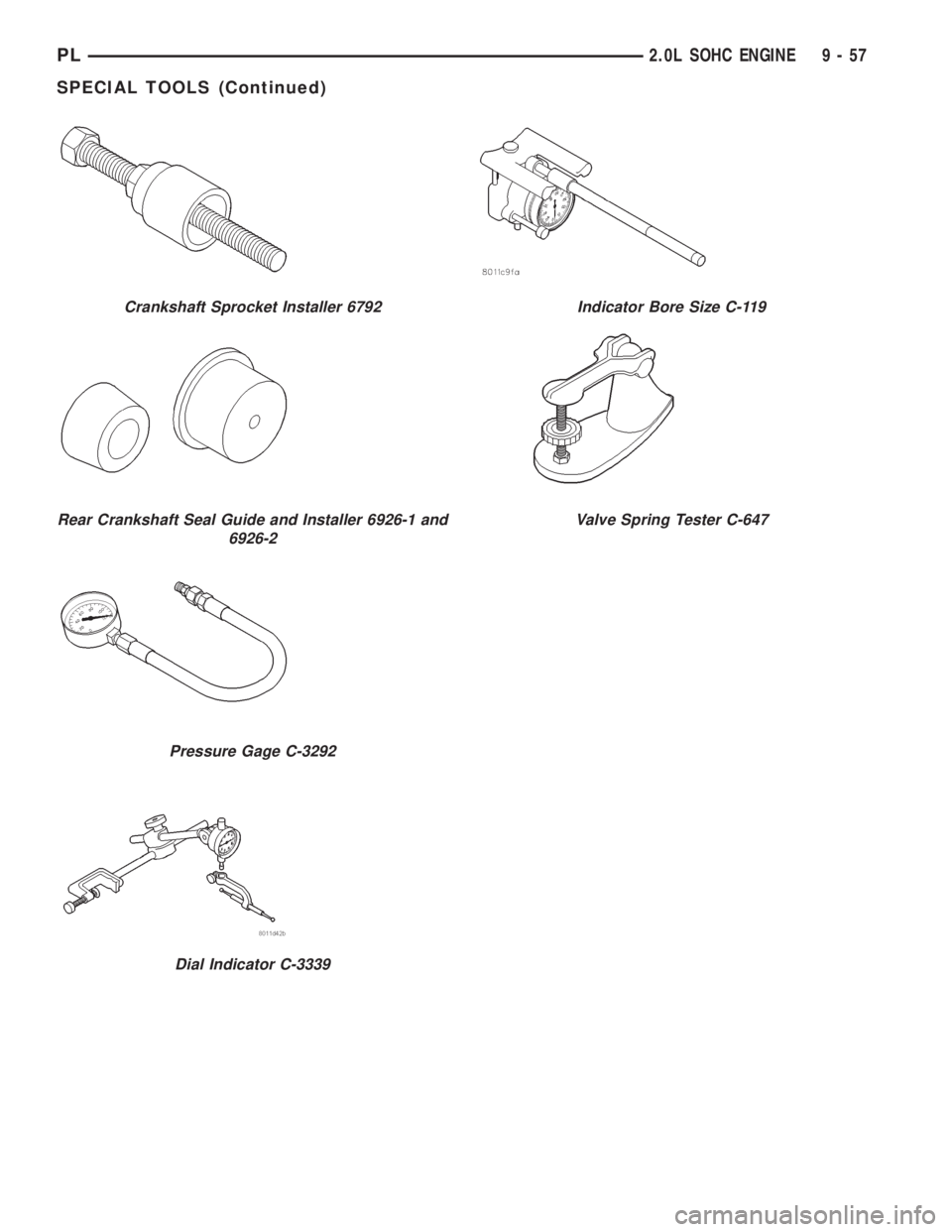 DODGE NEON 1999  Service Repair Manual Crankshaft Sprocket Installer 6792
Rear Crankshaft Seal Guide and Installer 6926-1 and
6926-2
Pressure Gage C-3292
Dial Indicator C-3339
Indicator Bore Size C-119
Valve Spring Tester C-647
PL2.0L SOHC