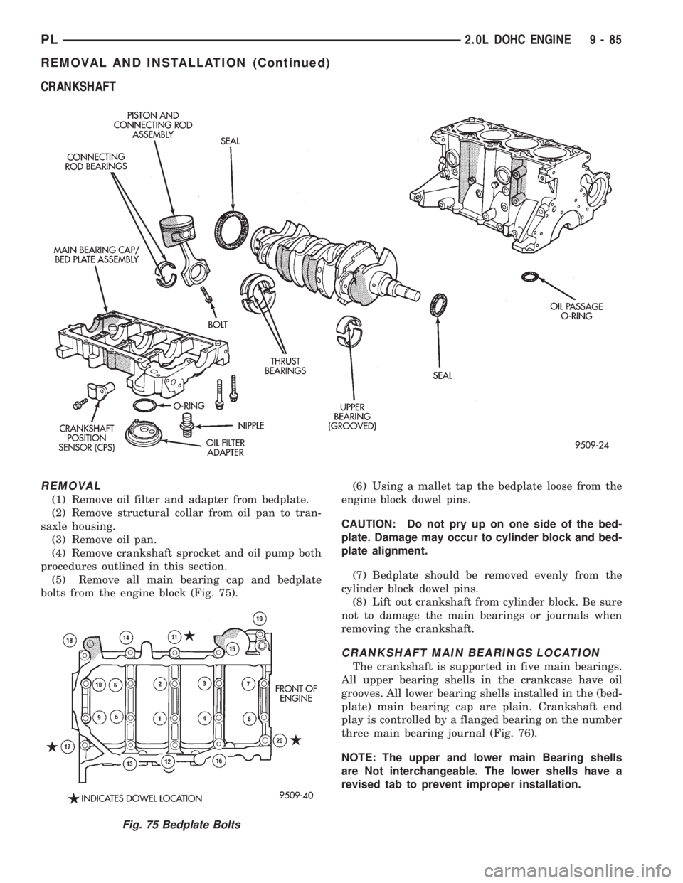 DODGE NEON 1999  Service Repair Manual CRANKSHAFT
REMOVAL
(1) Remove oil filter and adapter from bedplate.
(2) Remove structural collar from oil pan to tran-
saxle housing.
(3) Remove oil pan.
(4) Remove crankshaft sprocket and oil pump bo