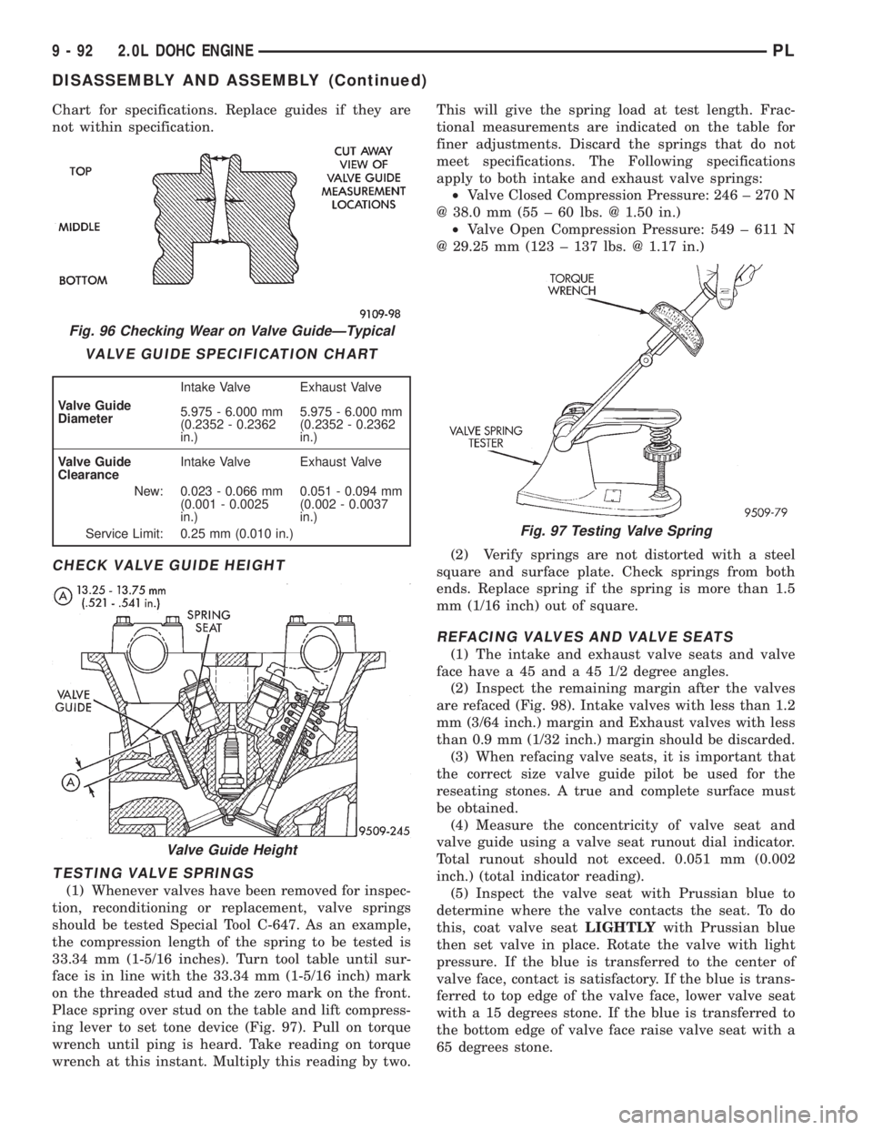 DODGE NEON 1999  Service Repair Manual Chart for specifications. Replace guides if they are
not within specification.
CHECK VALVE GUIDE HEIGHT
TESTING VALVE SPRINGS
(1) Whenever valves have been removed for inspec-
tion, reconditioning or 