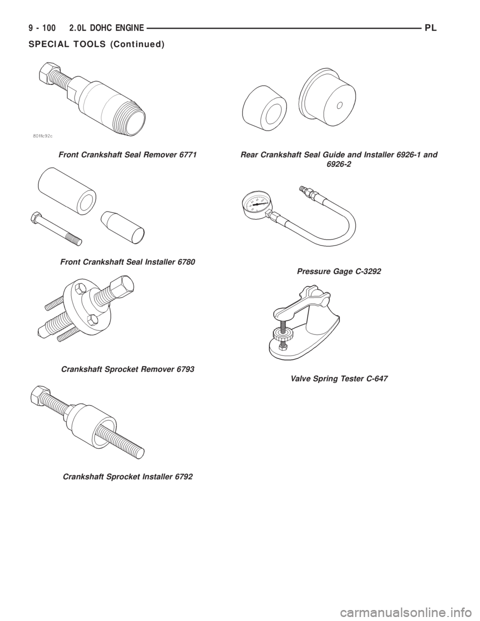 DODGE NEON 1999  Service Repair Manual Front Crankshaft Seal Remover 6771
Front Crankshaft Seal Installer 6780
Crankshaft Sprocket Remover 6793
Crankshaft Sprocket Installer 6792
Rear Crankshaft Seal Guide and Installer 6926-1 and
6926-2
P