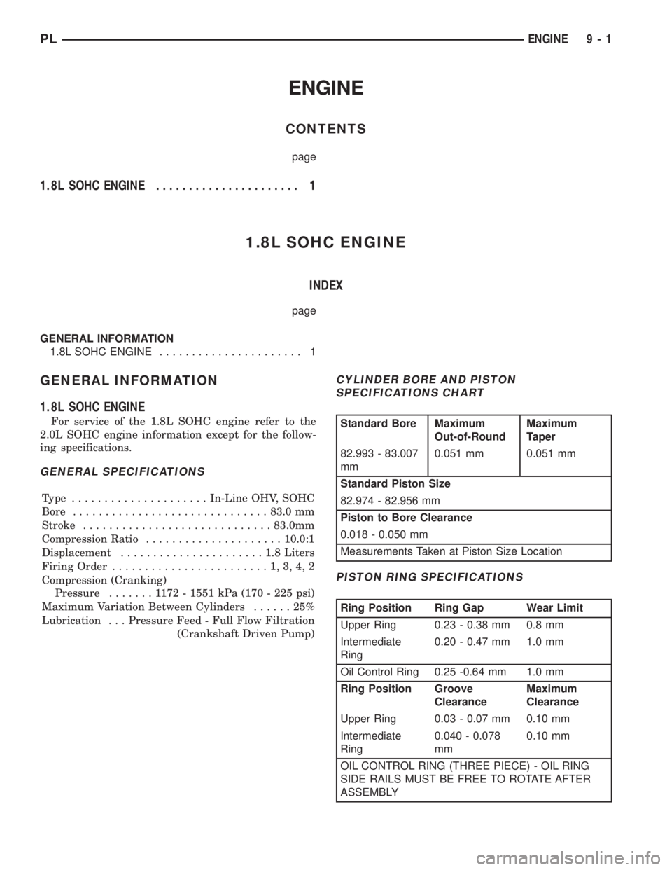 DODGE NEON 1999  Service Repair Manual ENGINE
CONTENTS
page
1.8L SOHC ENGINE...................... 1
1.8L SOHC ENGINE
INDEX
page
GENERAL INFORMATION
1.8L SOHC ENGINE...................... 1
GENERAL INFORMATION
1.8L SOHC ENGINE
For service 