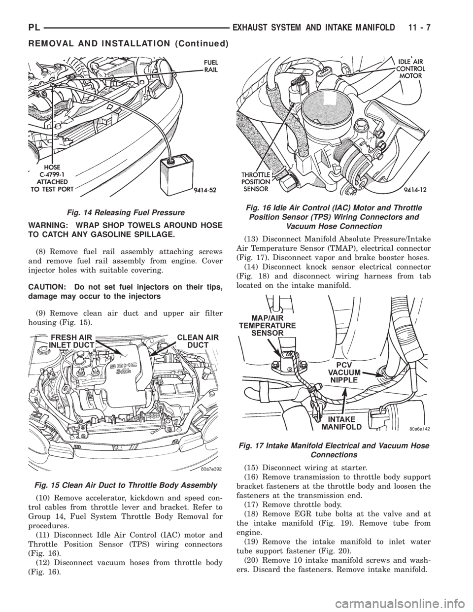 DODGE NEON 1999  Service Repair Manual WARNING: WRAP SHOP TOWELS AROUND HOSE
TO CATCH ANY GASOLINE SPILLAGE.
(8) Remove fuel rail assembly attaching screws
and remove fuel rail assembly from engine. Cover
injector holes with suitable cover