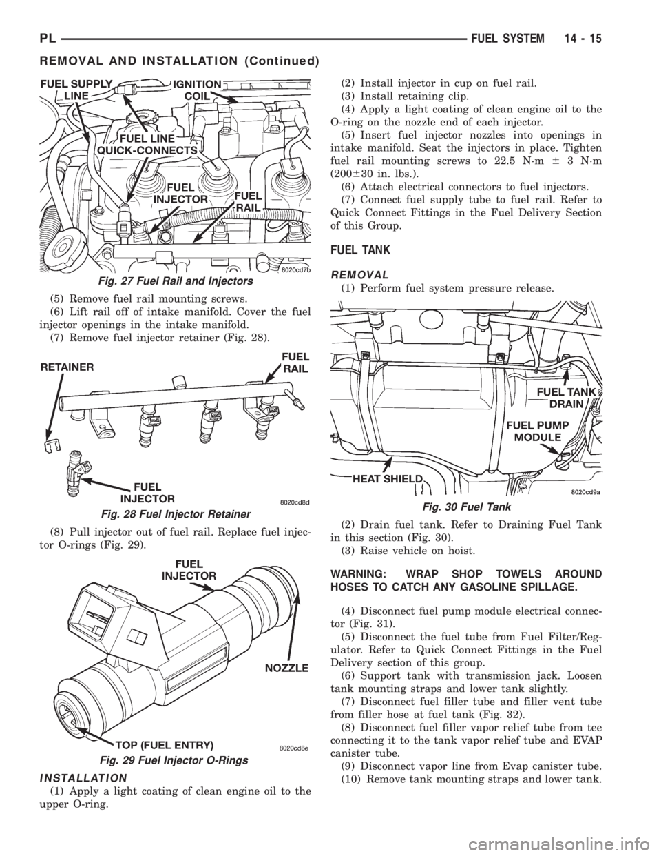 DODGE NEON 1999  Service Repair Manual (5) Remove fuel rail mounting screws.
(6) Lift rail off of intake manifold. Cover the fuel
injector openings in the intake manifold.
(7) Remove fuel injector retainer (Fig. 28).
(8) Pull injector out 