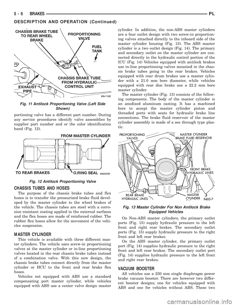 DODGE NEON 1999  Service Repair Manual portioning valve has a different part number. During
any service procedures identify valve assemblies by
supplier part number and or the color identification
band (Fig. 12).
CHASSIS TUBES AND HOSES
Th