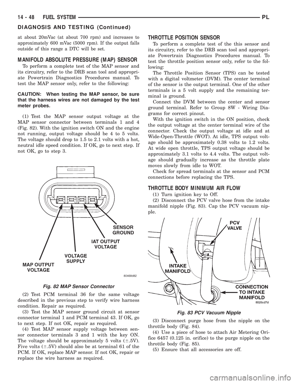 DODGE NEON 1999  Service Repair Manual at about 20mVac (at about 700 rpm) and increases to
approximately 600 mVac (5000 rpm). If the output falls
outside of this range a DTC will be set.
MANIFOLD ABSOLUTE PRESSURE (MAP) SENSOR
To perform a
