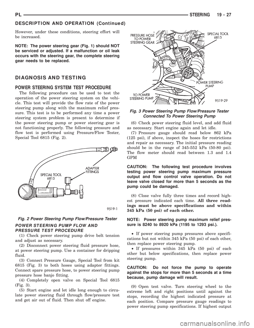 DODGE NEON 1999  Service Repair Manual However, under these conditions, steering effort will
be increased.
NOTE: The power steering gear (Fig. 1) should NOT
be serviced or adjusted. If a malfunction or oil leak
occurs with the steering gea