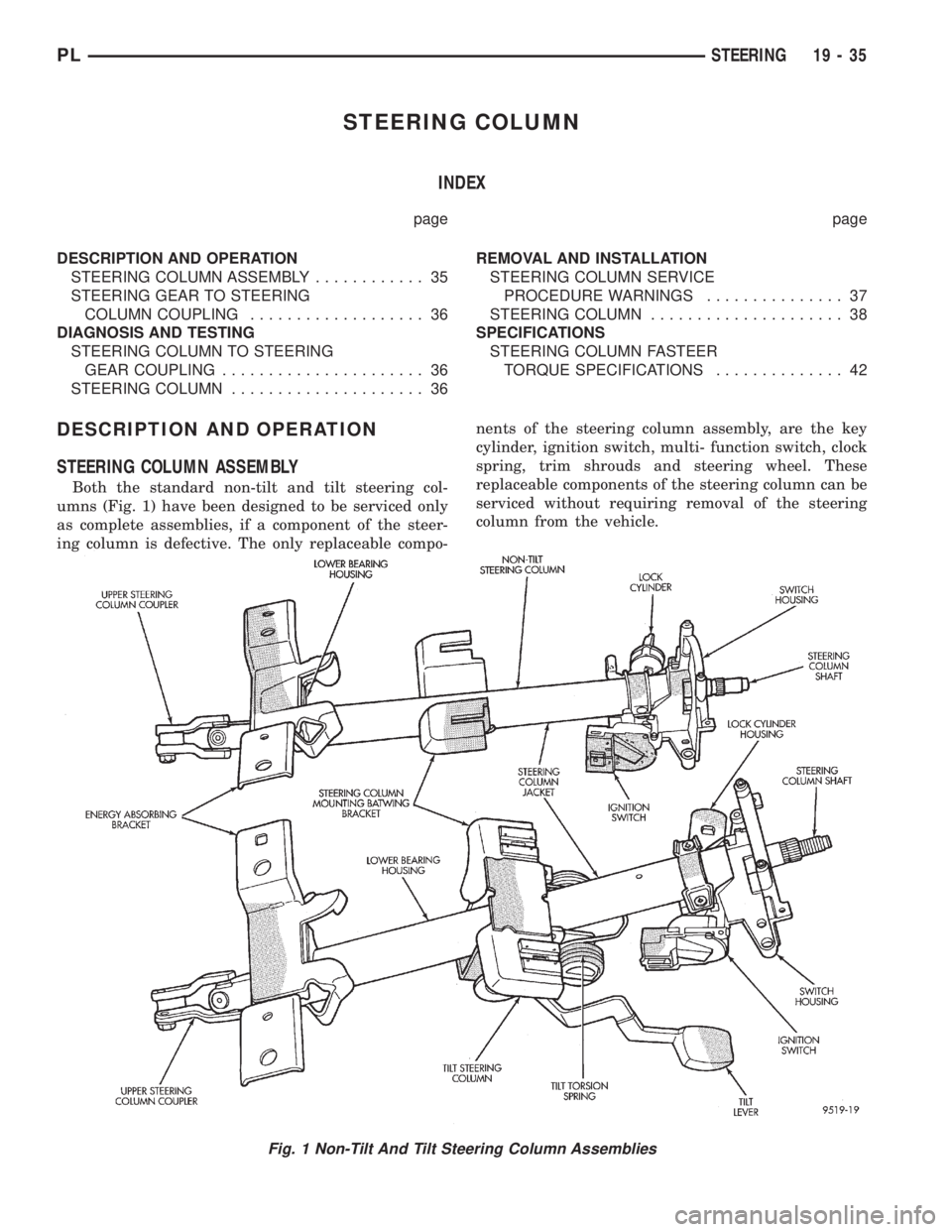 DODGE NEON 1999  Service Repair Manual STEERING COLUMN
INDEX
page page
DESCRIPTION AND OPERATION
STEERING COLUMN ASSEMBLY............ 35
STEERING GEAR TO STEERING
COLUMN COUPLING................... 36
DIAGNOSIS AND TESTING
STEERING COLUMN 