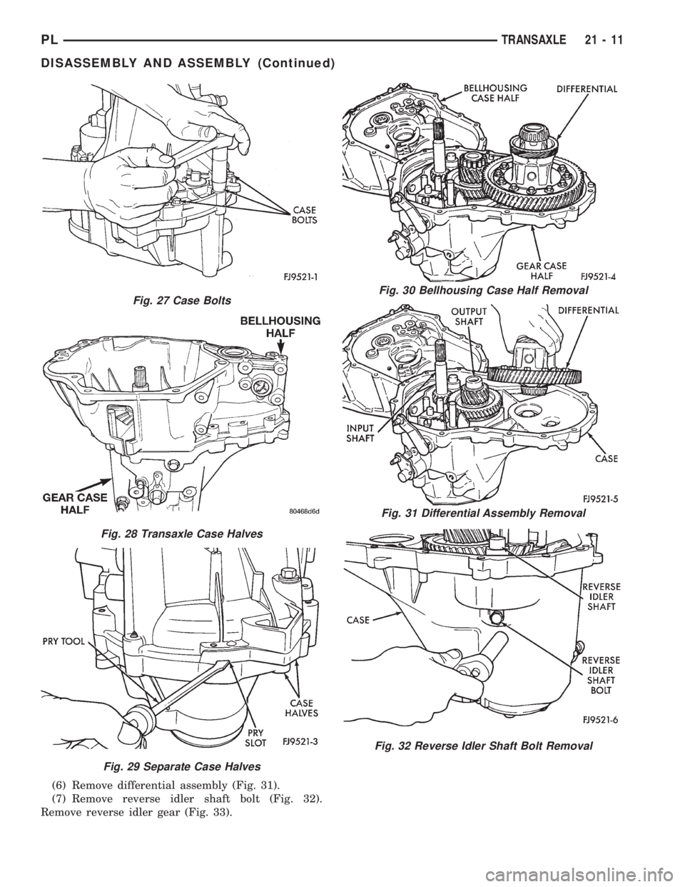 DODGE NEON 1999  Service Repair Manual (6) Remove differential assembly (Fig. 31).
(7) Remove reverse idler shaft bolt (Fig. 32).
Remove reverse idler gear (Fig. 33).
Fig. 27 Case Bolts
Fig. 28 Transaxle Case Halves
Fig. 29 Separate Case H