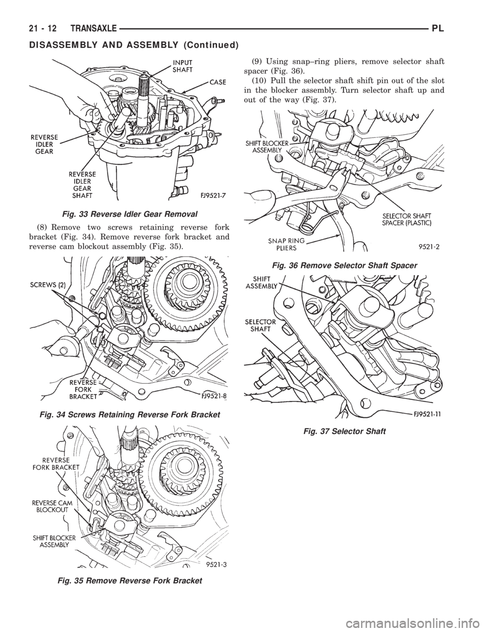 DODGE NEON 1999  Service Repair Manual (8) Remove two screws retaining reverse fork
bracket (Fig. 34). Remove reverse fork bracket and
reverse cam blockout assembly (Fig. 35).(9) Using snap±ring pliers, remove selector shaft
spacer (Fig. 