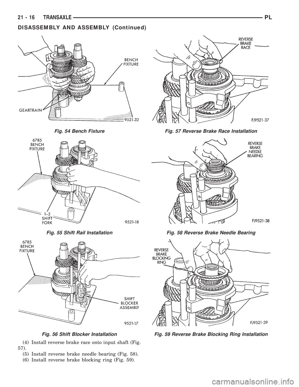 DODGE NEON 1999  Service Repair Manual (4) Install reverse brake race onto input shaft (Fig.
57).
(5) Install reverse brake needle bearing (Fig. 58).
(6) Install reverse brake blocking ring (Fig. 59).
Fig. 54 Bench Fixture
Fig. 55 Shift Ra
